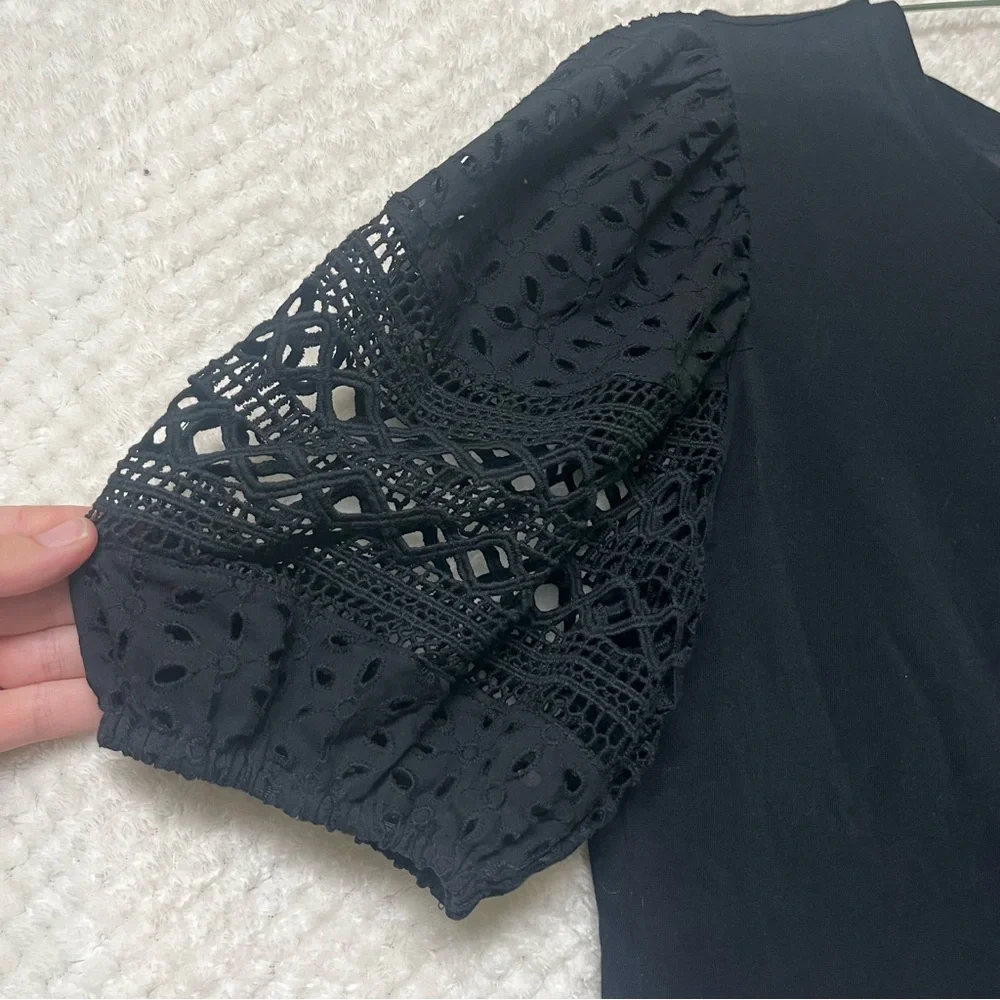 French Connection Blouse Crochet Lace Black Puff Sleeve Top Cotton Spandex NWT - Picture 5 of 7